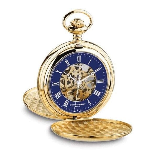 New Charles Hubert Gold-plated Double Hunter Blue Dial Pocket Watch - Picture 1 of 8